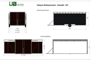 Maßzeichnung der Weidehütte Varimobil DLV (7 × 6 m) mit Abmessungen